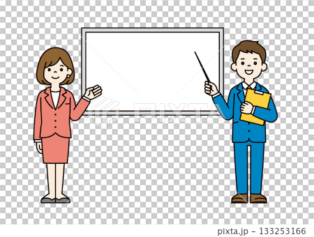 ホワイトボードと、指示棒を持って説明するビジネスマンの全身ベクターイラスト素材_カラー ホワイトボードと、指示棒を持って説明するビジネスマンの全身ベクターイラスト素材_カラー 133253166