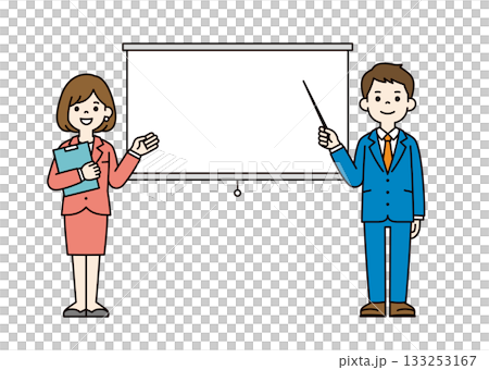 Full-body vector illustration of a male employee explaining with a screen and a pointer_Color Full-body vector illustration of a male employee explaining with a screen and a pointer_Color 133253167