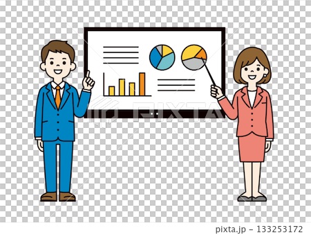Online whiteboard and full-body vector illustration of a business person giving a presentation_color 133253172
