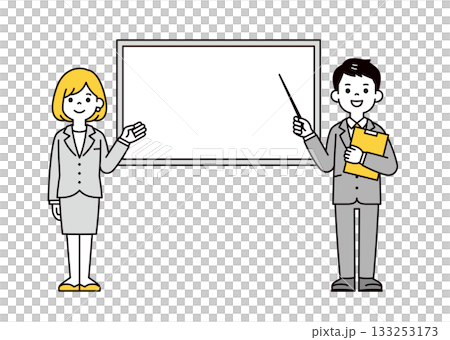 ホワイトボードと、指示棒で説明するスーツ姿の若い男性と女性の全身ベクターイラスト素材 ホワイトボードと、指示棒で説明するスーツ姿の若い男性と女性の全身ベクターイラスト素材 133253173