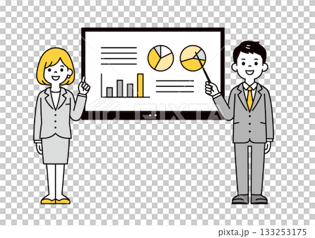 全身向量插圖，描繪了數位白板以及正在進行展示的男女商務人士。 133253175