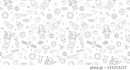 Seamless pattern with space doodles, line art. Hand drawn illustrations, repeating childish monochrome backdground Seamless pattern with space doodles, line art. Hand drawn illustrations, repeating childish monochrome backdground 133253237