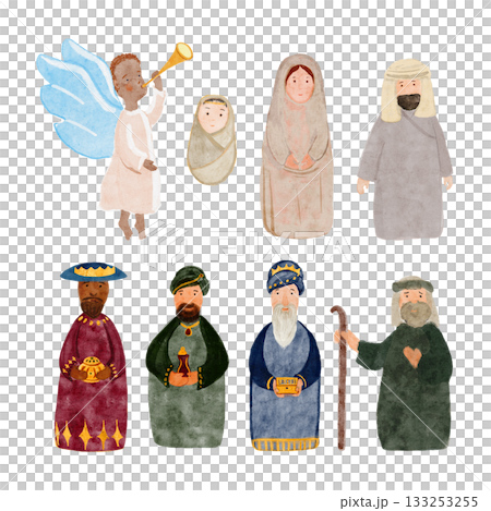 Mary, Joseph, baby Jesus, shepherd, and angel with trumpet. Watercolor nativity characters set isolated on white. Hand-painted clip art perfect for Christmas cards, decor, posters or religious art Mary, Joseph, baby Jesus, shepherd, and angel with trumpet. Watercolor nativity characters set isolated on white. Hand-painted clip art perfect for Christmas cards, decor, posters or religious art 133253255