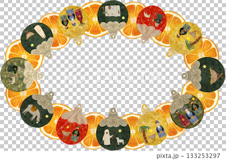 Christmas tree decorative ball with nativity scene and dry orange slices oval frame isolated on white in watercolor. Illustration for invitations, cards, Christmas, stickers, advent calendar, banners Christmas tree decorative ball with nativity scene and dry orange slices oval frame isolated on white in watercolor. Illustration for invitations, cards, Christmas, stickers, advent calendar, banners 133253297