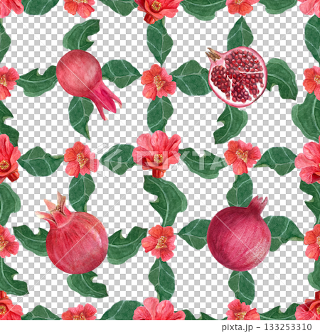 Pomegranate flowers, leaves and fruits watercolor seamless check pattern isolated on white. The hand-painted vibrant artwork perfect for botanical prints, wrapping paper, textile decor. Summer clip 133253310