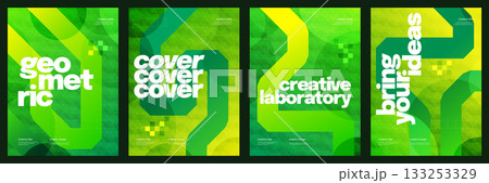 Modern and Abstract Poster Set with Geometric Shapes in Green Gradient. Cover, Flyer or Poster Template for Sport, Festival, Tech Conference or Other Event 133253329