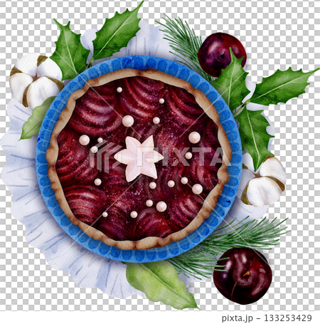 Watercolor illustration of a delicious Christmas pie, flowers, and branches Watercolor illustration of a delicious Christmas pie, flowers, and branches 133253429