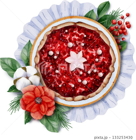 Watercolor illustration of a delicious Christmas pie, flowers, and branches 133253430
