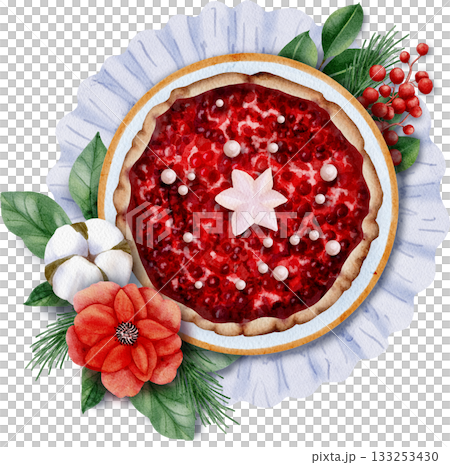 Watercolor illustration of a delicious Christmas pie, flowers, and branches 133253430