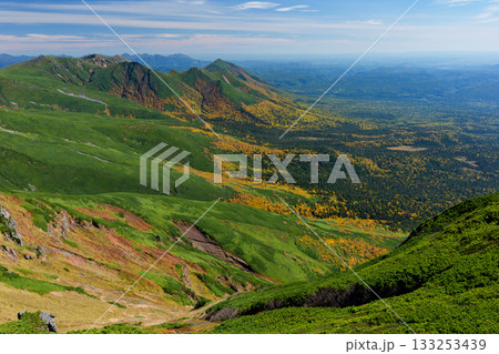 富良野岳登山道から望む紅葉に染まる山々の大パノラマ（北海道） 133253439