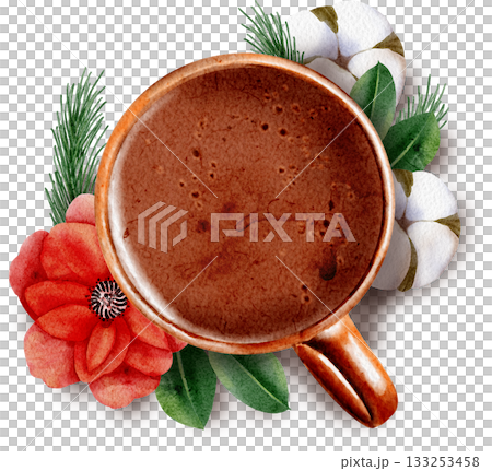 Watercolor Christmas cup with hot chocolate, leaves, a spruce branch, and a flower 133253458