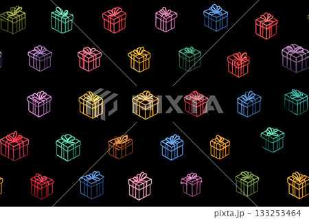 Festive surprise. Black background. Seamless pattern. Bright gift boxes. Hand drawn. Minimalist style. 133253464
