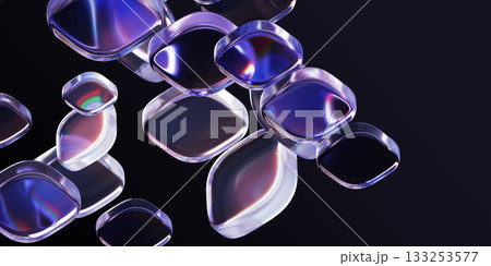 Abstract black 3d background with neon glass square plate shapes. Futuristic digital tech banner. Crystal holographic block pattern with purple blue gradient and red green lens flare. 3D illustration 133253577