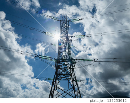 Aerial view of high voltage electric tower in city Aerial view of high voltage electric tower in city 133253612
