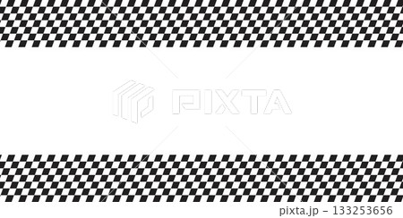Top and bottom borders with rally flag or chess game board print in diagonal arrangement. Simple geometric background with empty space. Slanted black and white checkered pattern. Vector illustration 133253656