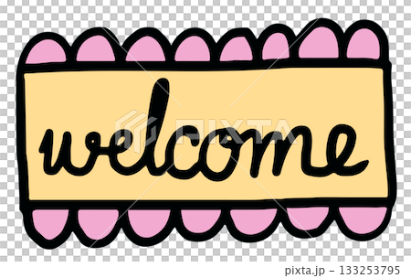 Cute hand drawn illustrations of welcome mat for home decor, house, sign, symbol, carpet, supermarket, grocery shopping, supermarket, market, mart, sticker, patch, brooch, print, icon, font, text 133253795