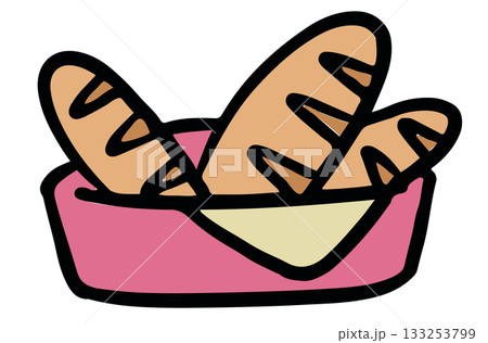 Cute hand drawn illustrations of breads in a pink plate for bakery, pastry, baking elements, flour, cafe, restaurant, appetiser, cook book, breakfast and brunch, menu, recipe, snack, food stickers 133253799