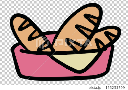 Cute hand drawn illustrations of breads in a pink plate for bakery, pastry, baking elements, flour, cafe, restaurant, appetiser, cook book, breakfast and brunch, menu, recipe, snack, food stickers 133253799