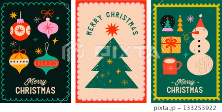 Retro geometric vertical Merry Christmas banner, winter poster and greeting card design. 133253922