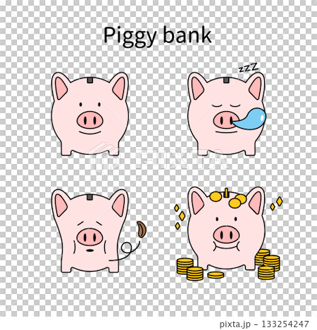 小豬存錢筒插圖套裝 | 金錢、硬幣、儲蓄、資產積累 133254247
