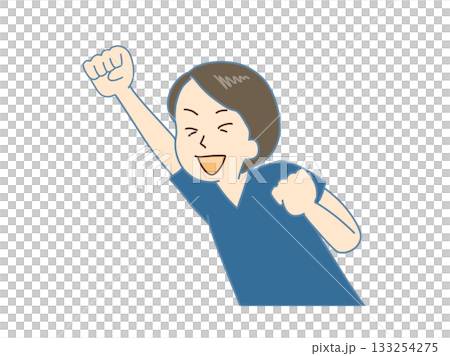ガッツポーズをする紺ユニホームの女性 ガッツポーズをする紺ユニホームの女性 133254275