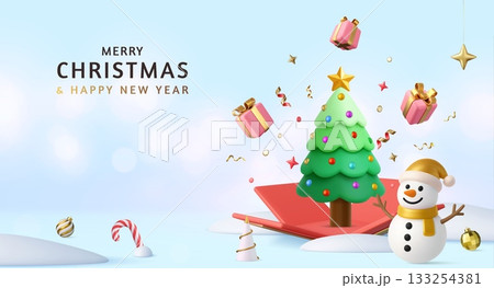3D Christmas tree and snowman with flying gifts 3D Christmas tree and snowman with flying gifts 133254381