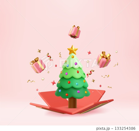 3D Christmas tree popping out of gift box. 3D Christmas tree popping out of gift box. 133254386