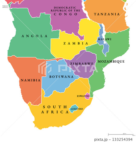 Southern Africa, multi colored political map. Southernmost region of the African continent. Map with international borders, and country names. Isolated illustration on white background. Vector 133254394