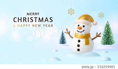 3d Smiling Snowman with Golden Christmas Theme 133254401