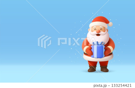 3D Santa Claus holding gift on snowy blue background 3D Santa Claus holding gift on snowy blue background 133254421
