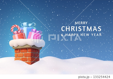 3D Christmas chimney with colorful gifts and candy cane. 133254424