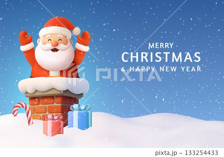 3D Santa Claus in snowy chimney Christmas greeting. 133254433