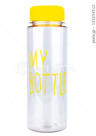 Plastic water bottle with openable cap on white background with lettering Plastic water bottle with openable cap on white background with lettering 133254512