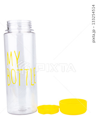 Plastic water bottle with openable cap on white background with lettering Plastic water bottle with openable cap on white background with lettering 133254514