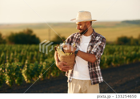 Holding the corn in paper package. Farmer is on the agricultural field 133254650