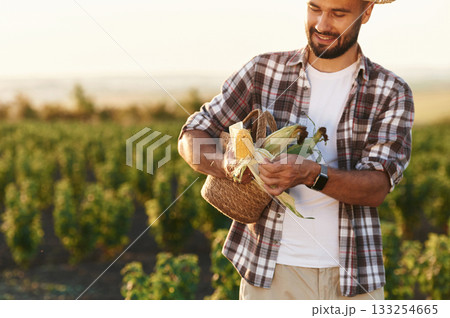 Food in hands, with corn. Farmer is on the agricultural field Food in hands, with corn. Farmer is on the agricultural field 133254665