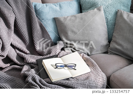 Open notebook with eyeglasses on cozy sofa with pillows and blanket Open notebook with eyeglasses on cozy sofa with pillows and blanket 133254757