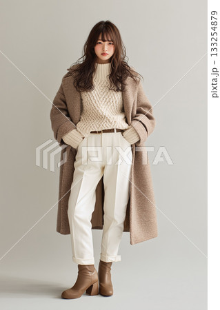 ベージュ系コーデを着こなす大人の女性ファッションポートレート 133254879