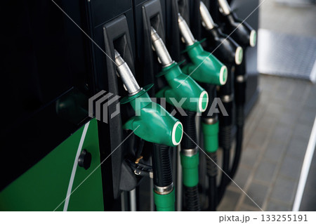 Close up view of various gas pump nozzles Close up view of various gas pump nozzles 133255191