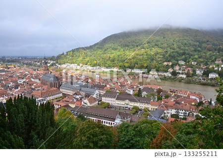 ドイツ　ハイデルベルク城からの眺望　街並みとネッカー川 133255211