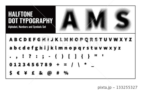 ハーフトーンドット文字素材:アルファベット・数字・記号セット ハーフトーンドット文字素材:アルファベット・数字・記号セット 133255327