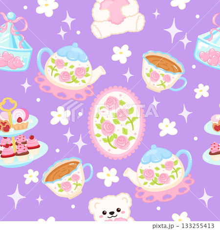 Cute whimsical roses tea party seamless pattern Cute whimsical roses tea party seamless pattern 133255413