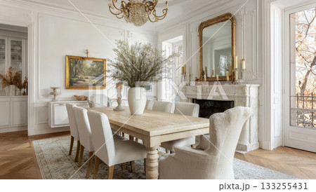 Luxurious Parisian Chic Dining Room: Bright, Elegant Interior Boasts Classic French Molding, Pale Hardwood Flooring, a Light Wood Farmhouse Table, and a Gilded Mirror Over a Marble Fireplace Luxurious Parisian Chic Dining Room: Bright, Elegant Interior Boasts Classic French Molding, Pale Hardwood Flooring, a Light Wood Farmhouse Table, and a Gilded Mirror Over a Marble Fireplace 133255431