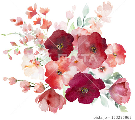 Bouquet with Watercolor pink and red poppy flowers and leaves, pastel wedding isolated illustration 133255965