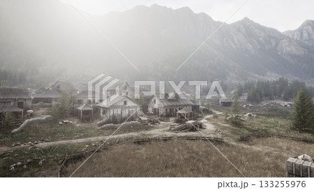 A quiet village sits in a valley, enveloped by thick fog. Old wooden houses show signs of decay. Tall mountains loom in the background, creating a haunting yet beautiful atmosphere. A quiet village sits in a valley, enveloped by thick fog. Old wooden houses show signs of decay. Tall mountains loom in the background, creating a haunting yet beautiful atmosphere. 133255976