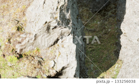 In the heart of a rugged terrain, sunlight casts shadows on moss covered rocks. The scene showcases the beauty of natures formations and the serenity of the outdoors. 133256038