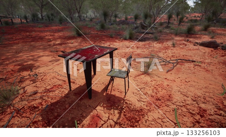 In a lonely desert, a black table and a single chair sit surrounded by red earth and sparse vegetation under a bright sky. The scene evokes a sense of solitude and stillness. In a lonely desert, a black table and a single chair sit surrounded by red earth and sparse vegetation under a bright sky. The scene evokes a sense of solitude and stillness. 133256103