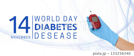Blue-gloved hand with glucose meter for diabetes awareness Blue-gloved hand with glucose meter for diabetes awareness 133256340