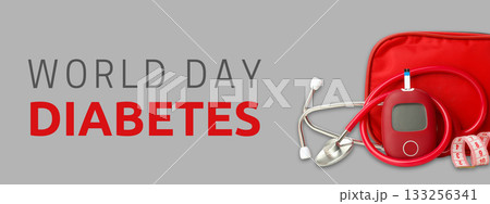 Diabetes awareness: glucometer and stethoscope on gray background Diabetes awareness: glucometer and stethoscope on gray background 133256341