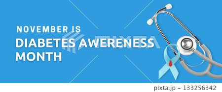 Teal ribbon for diabetes with stethoscope on blue 133256342